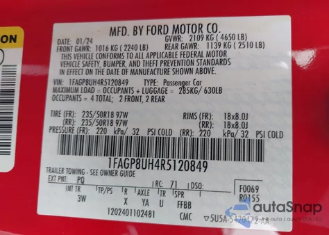 2024 Ford Mustang Ecoboost Premium z USA, uszkodzony, nr VIN 1FAGP8UH4R5120849